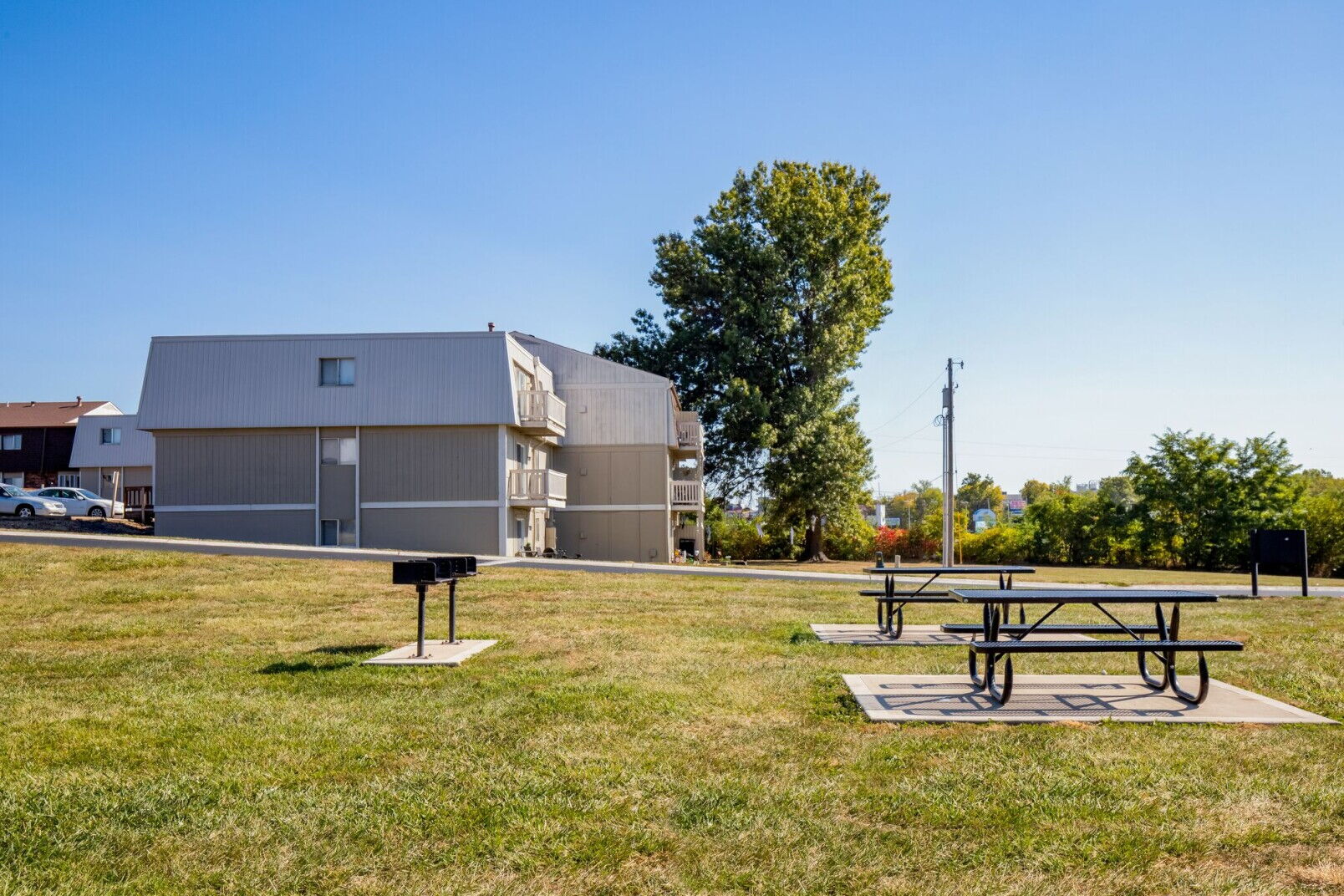 2. Picnic tables and benches arranged in a lush grassy field, perfect for enjoying meals and socializing outdoors.